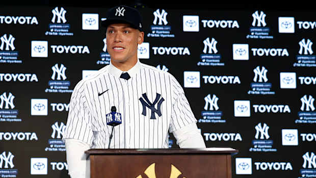 Aaron Judge speaks at a press conference.